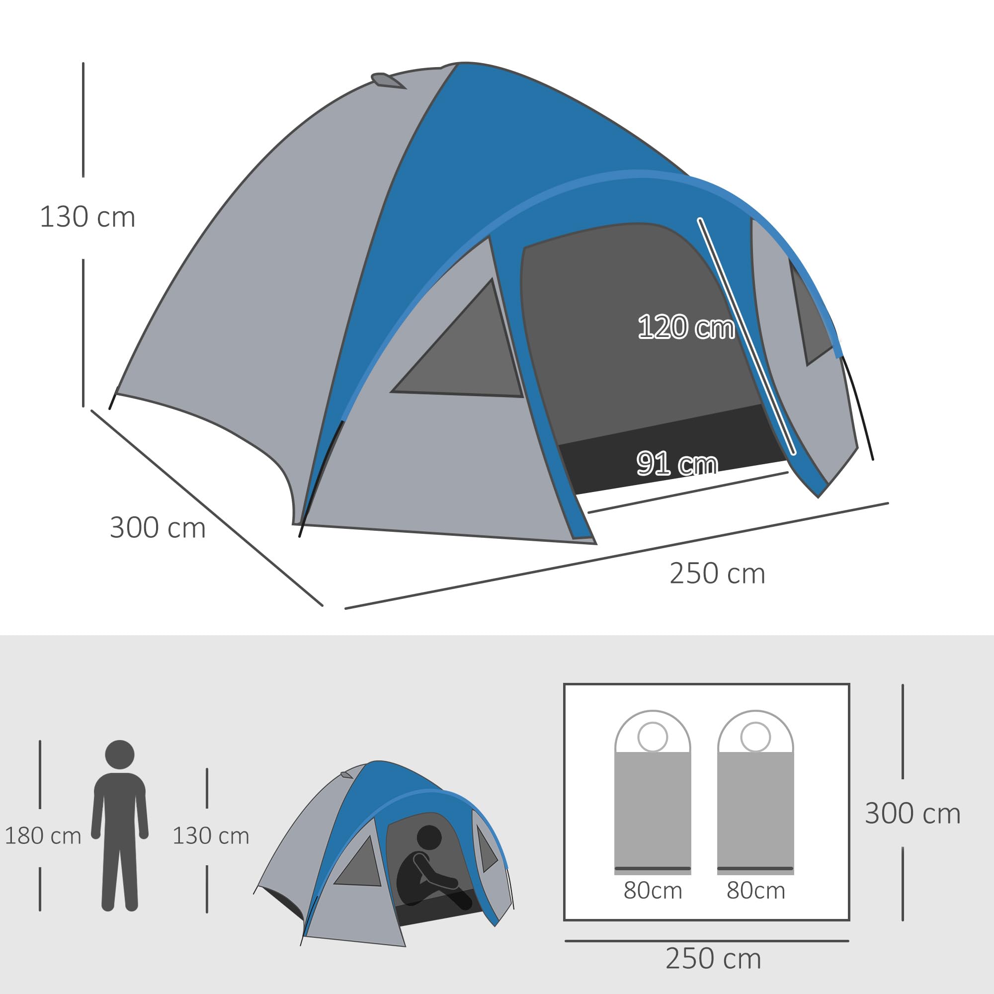 Outsunny Tienda de Campaña para 3 Personas, Tienda de Camping de Doble Capa con 2 Bolsillos, Ventanas y Bolsa de Transporte, 250x300x130 cm, Gris y Azul