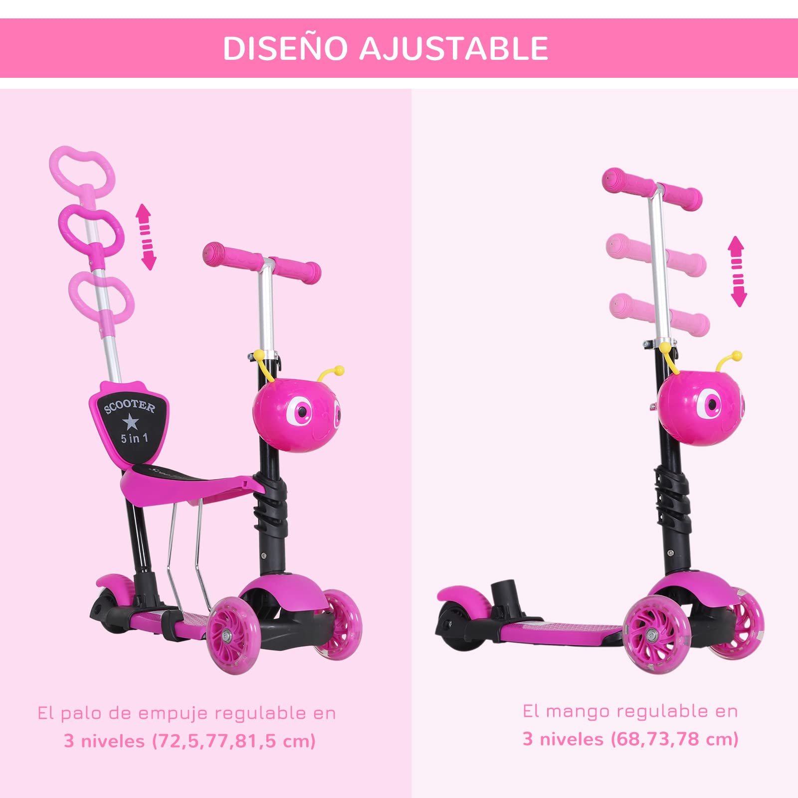 HOMCOM 3 en 1 Patinete para Niños de +18 Meses Scooter de 3 Ruedas con Asiento Extraíble Manillar Mango de Empuje Altura Ajustable 62x25x72,5 cm Rosa