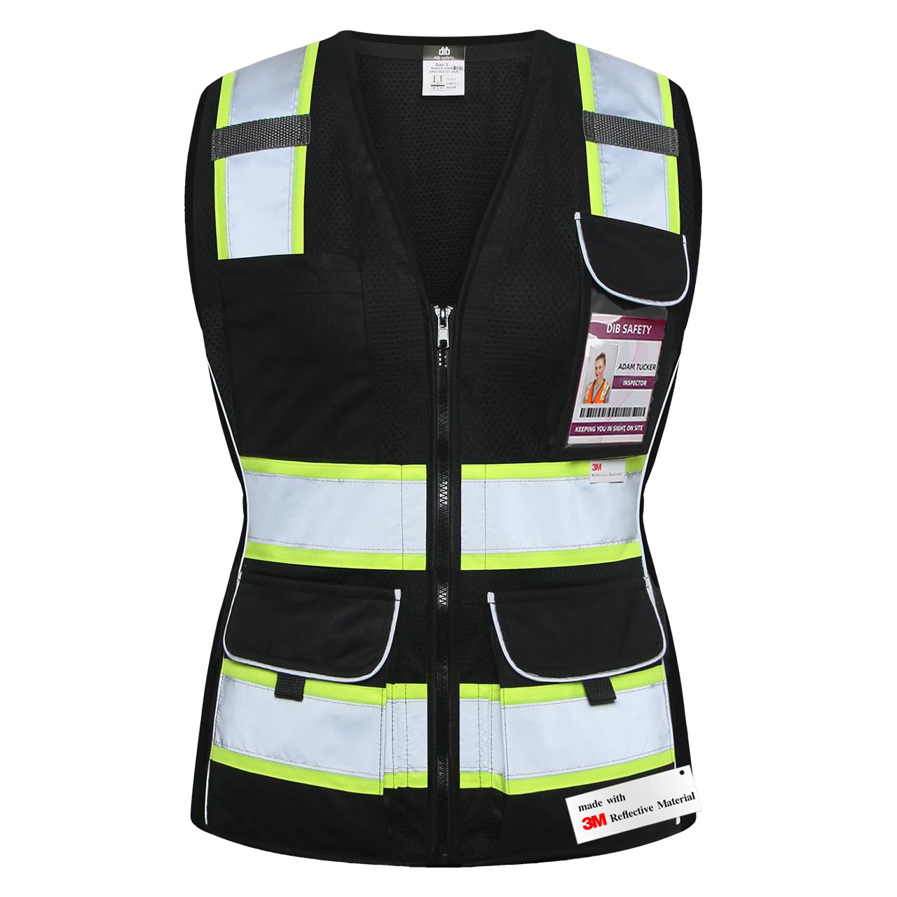 Dib Safety Vest for Women with Pockets, Mesh Reflective Vest High Visibility, ANSI Class 2 Made with 3M Reflective Tape, Black S