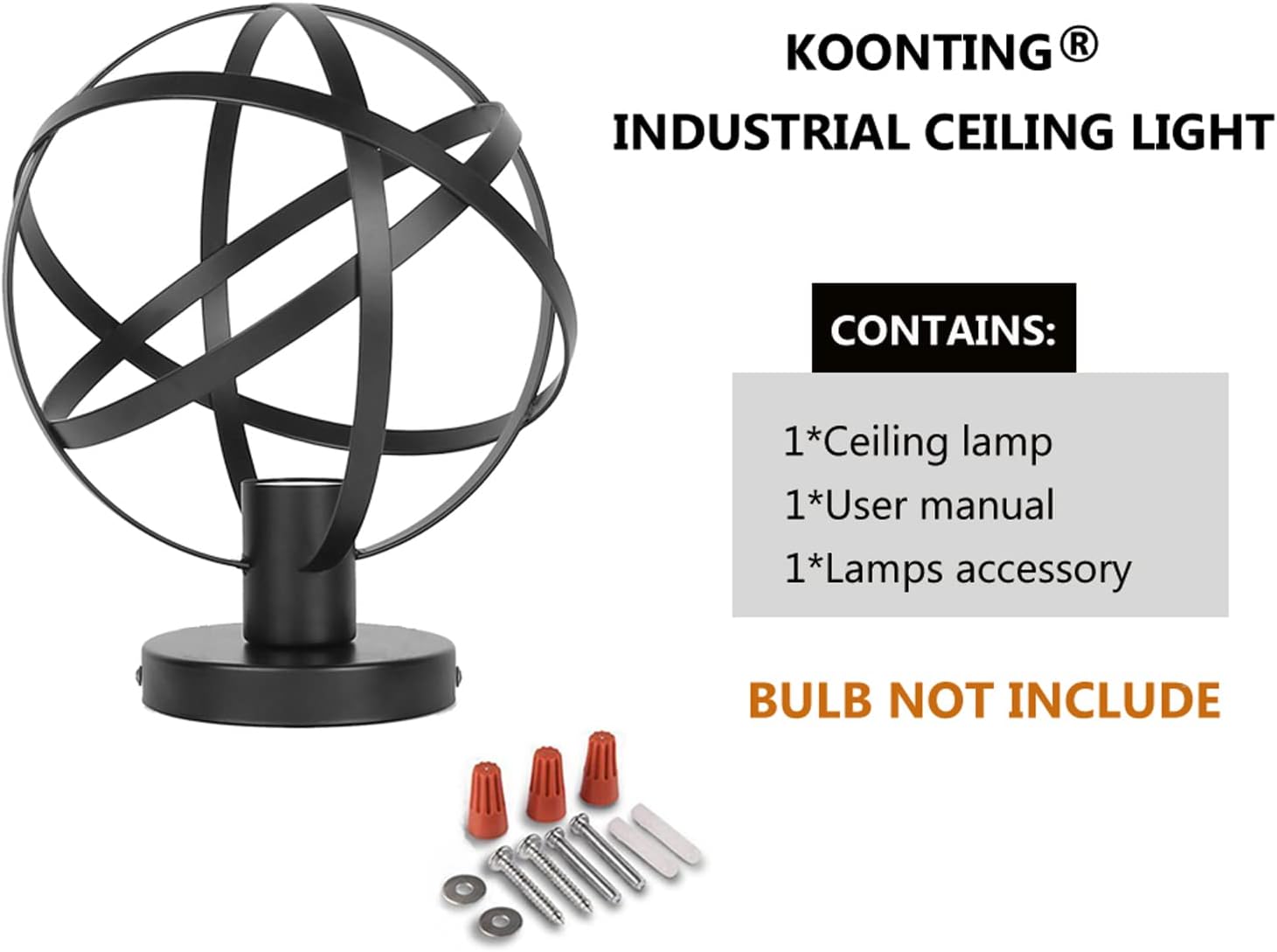 KOONTING Vintage Industrial Semi Flush Mount Ceiling Light, Metal Spherical Ceiling Lamp Light Fixture for Hallway Stairway Porch Bedroom Kitchen, 7.48inch, Black.