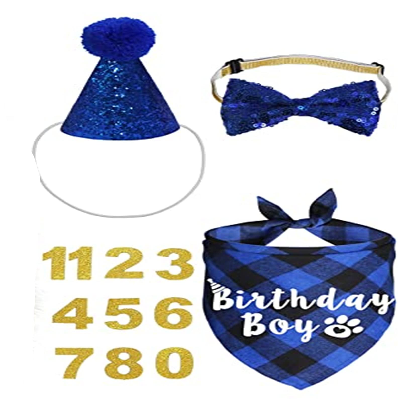 Cat/Dog Party Supplies - Plaid Kitten Birthday Boy Bandanas With Hat, Bow Tie and Number for Decorations (A)