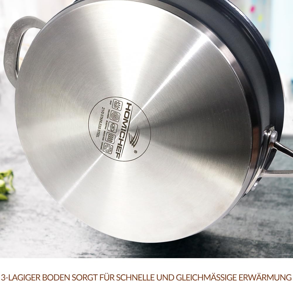 HOMICHEF 24 cm marinegraue, nickelfreie Sautierpfanne aus Edelstahl mit Deckel für Induktion – Hochwertige matt polierte Edelstahlpfanne mit Glasdeckel – 2,36 L ungiftiges Kochgeschirr