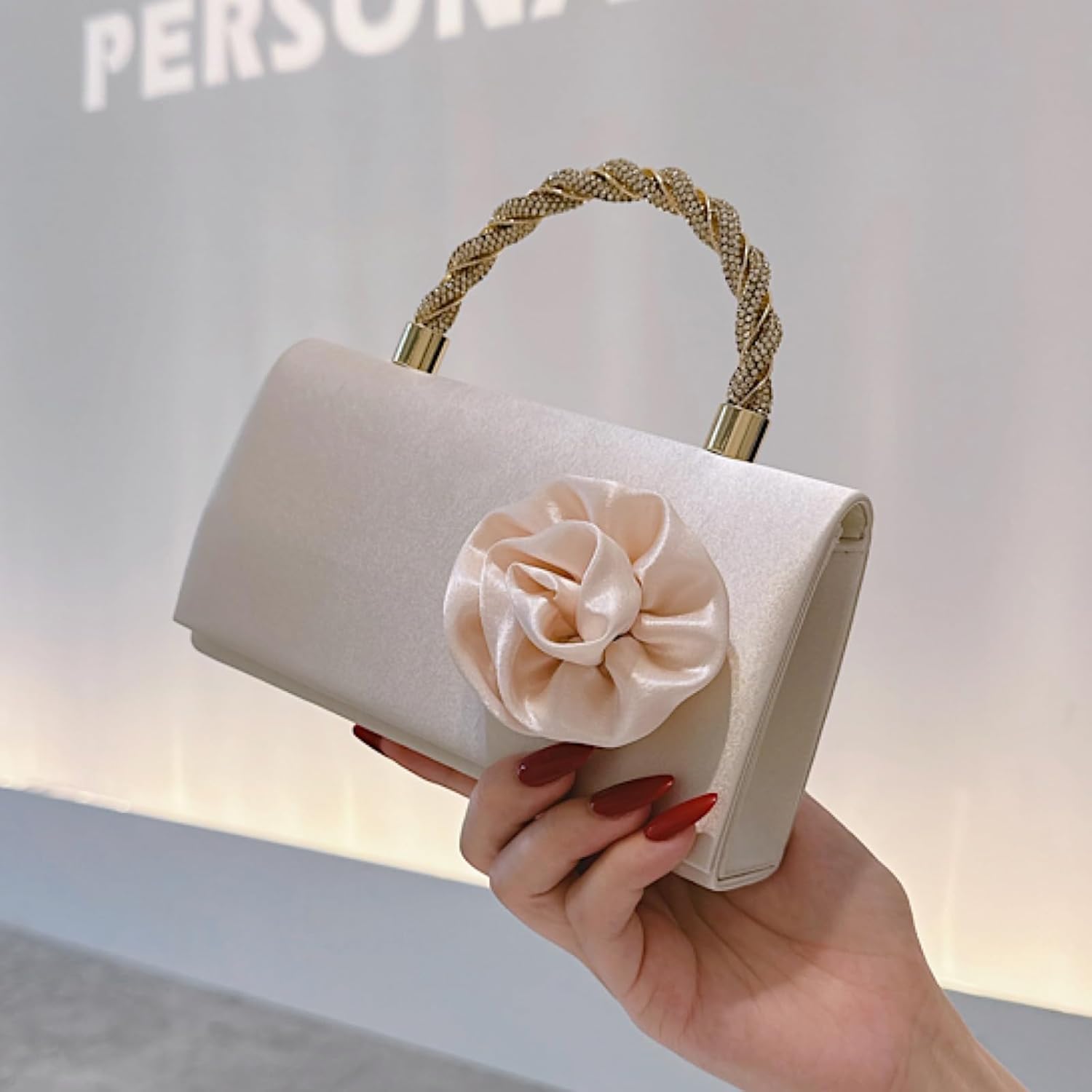 Beige Satin Clutch Purse for Women, 3D Rose Flower Wedding Formal Handbag Rhinestone Braided Top Handle Evening Bag - Image 2