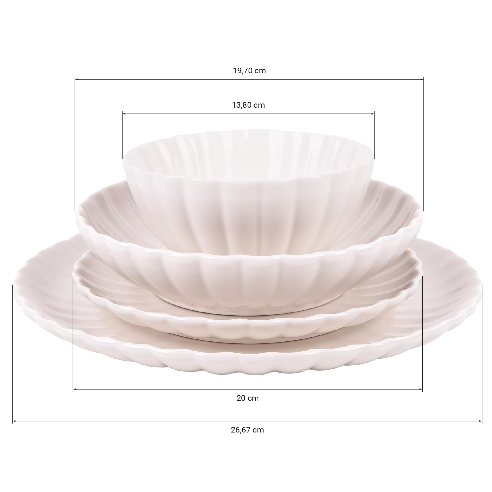 Cofan Vajilla de porcelana esmaltada | Juego de 16 piezas | Diseño en relieve | Color: blanco | Apta para lavavajillas, microondas y horno