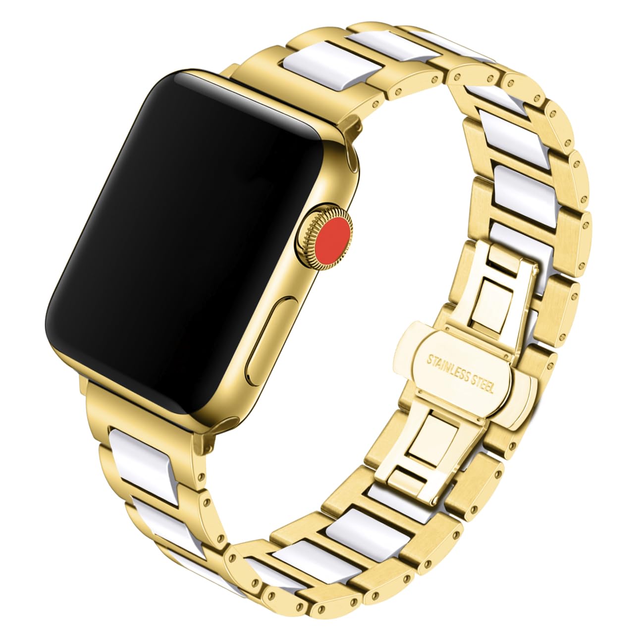 Cinturino in ceramica bianca e acciaio inossidabile oro compatibile con Apple 38 mm/40 mm/41 mm per iWatch serie 11/10/9/8/7/6/5/4/3 Ultra/SE, cinturino per uomo e donna