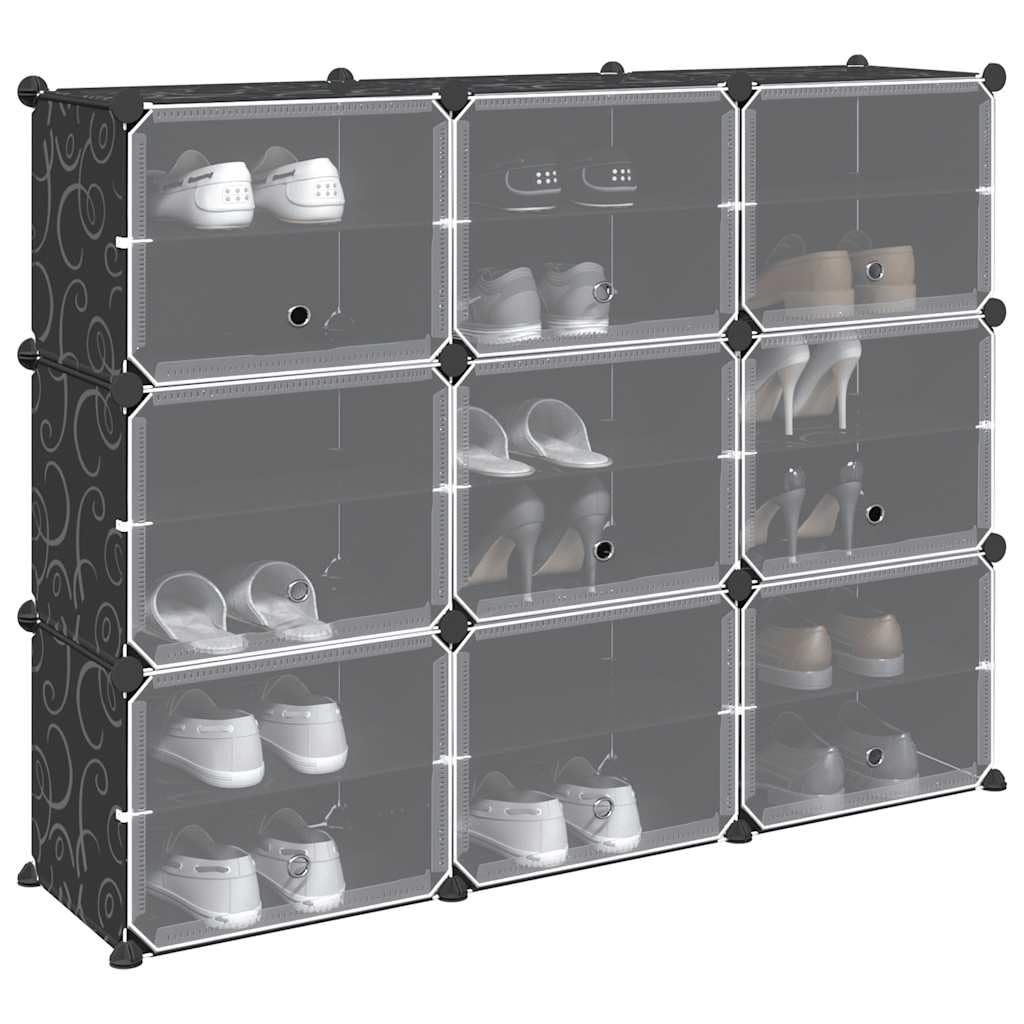 Mangloder Regalsystem mit 9 Würfeln und Türen Schwarz aus Polypropylen, 124,5 x 31,5 x 93 cm, platzsparend, stapelbar, geschlossener Stauraum für Flur, Diele, Schlafzimmer, Schuhregal und Aufbewahrung