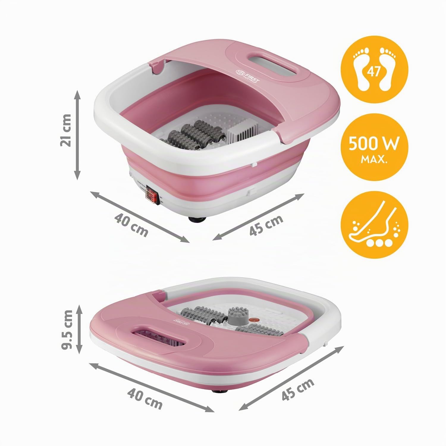 TZS First Austria - Idromassaggio Plantare 500W - Massaggiatore piedi con 3 accessori & 8 rulli - Massaggio a vibrazione & bolle d'aria, infrarossi & riscaldamento - Pieghevole fino al 47 - Rosa