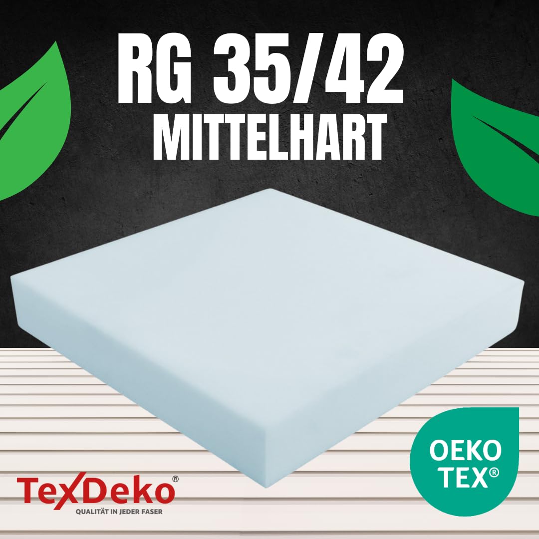 TexDeko® Schuimplaat, gesneden op maat, zachte bekleding, hardheidsgraad RG35/42 (middelhard/stevig) - schuimplaat zitkussen, op maat gemaakt (6 cm kussenhoogte