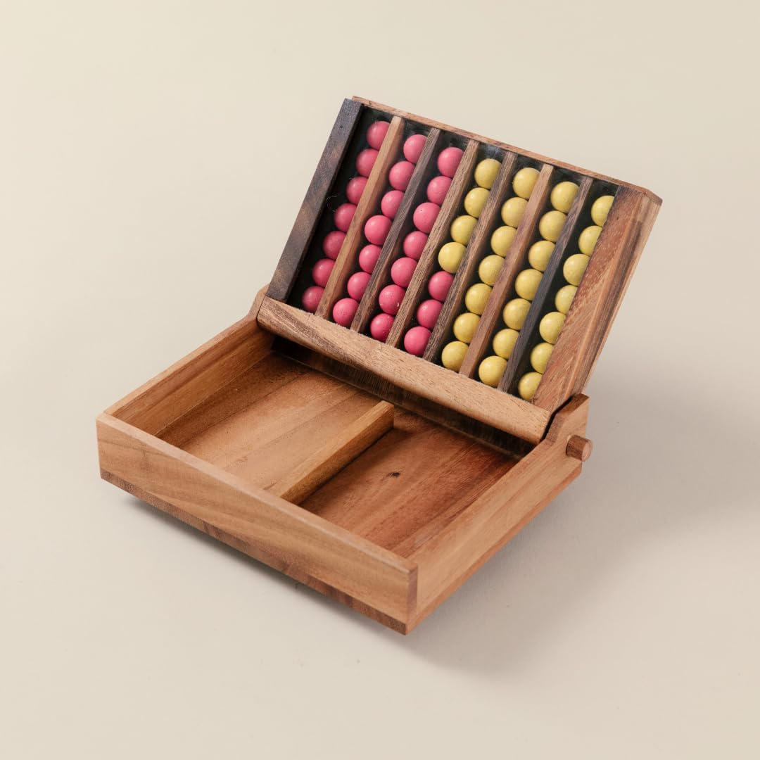Wooden 4 in-Row (Travel Set) | Wood Connect Line Traditional Family Board | Strategy | Classic Table Premium Handmade Unique Gift & Table Accent (Pink & Yellow)