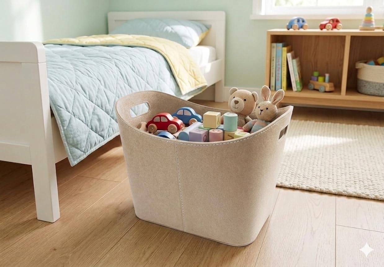 Metrox 2099508 Cestino in Legno con Maniglie, in Feltro, Colore Beige, Dimensioni: 53.5 X 43 X 34 Cm, 1807