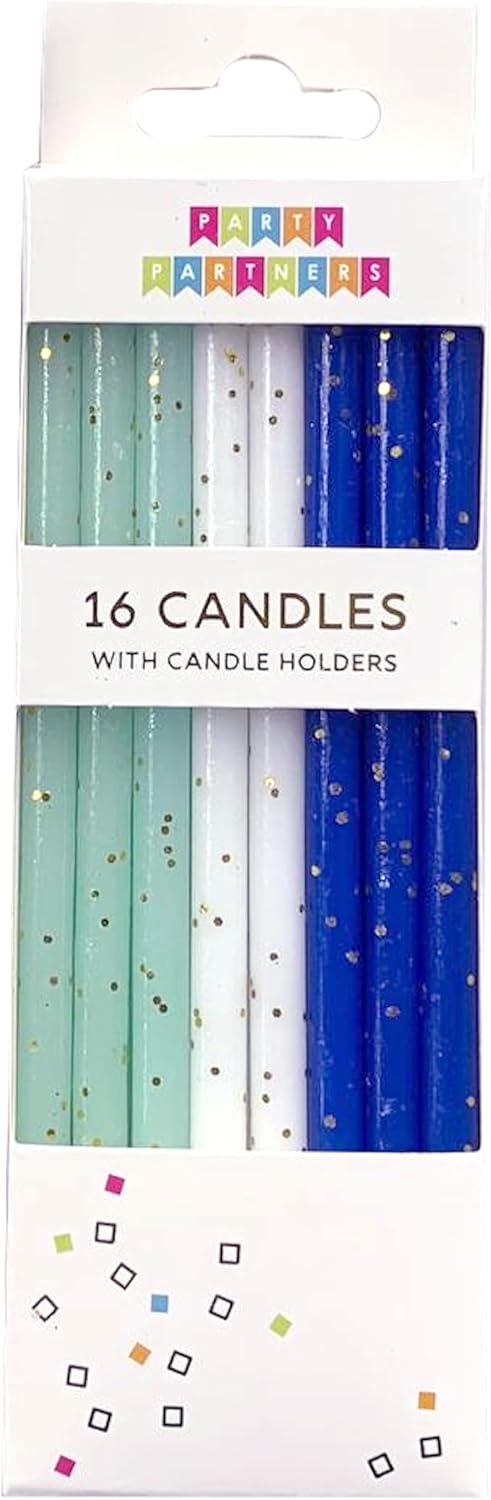 Party Partners Deluxe Birthday Candles 16-Count 4.75" Tall, Blues