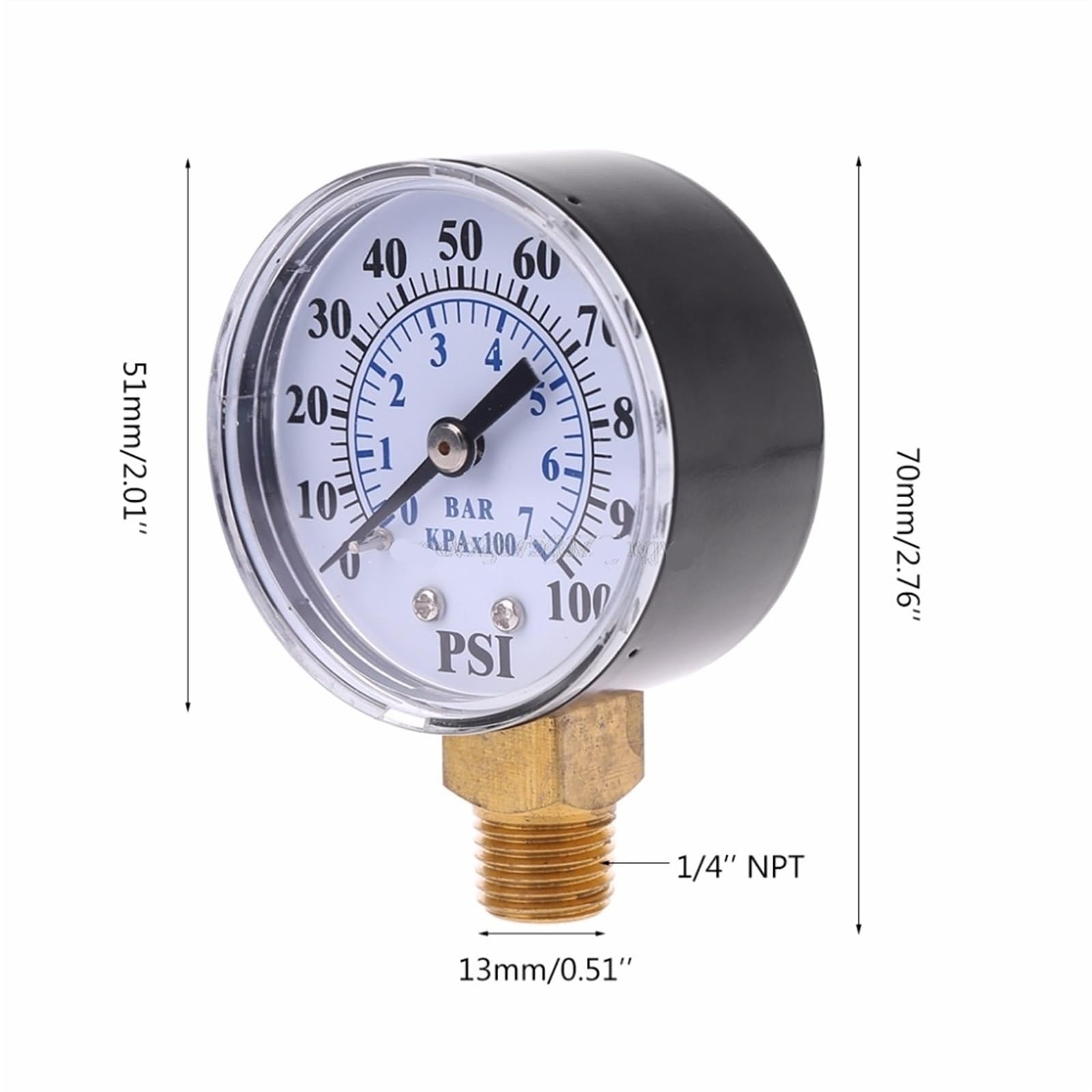 Manómetro de presión de agua,Manómetro mecánico, Manómetro 1/4'' NPT Rosca 0-100 PSI 0-7 Bar Agua Aire Gas Monitor de presión