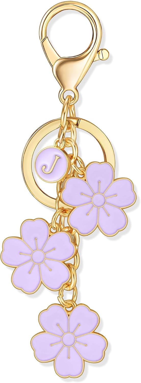 XGALBLA Initial Keychain Flower Charms for Key Cute Flower Letter Keyring, Bag Charms Enameled Keychain Handbags Backpacks