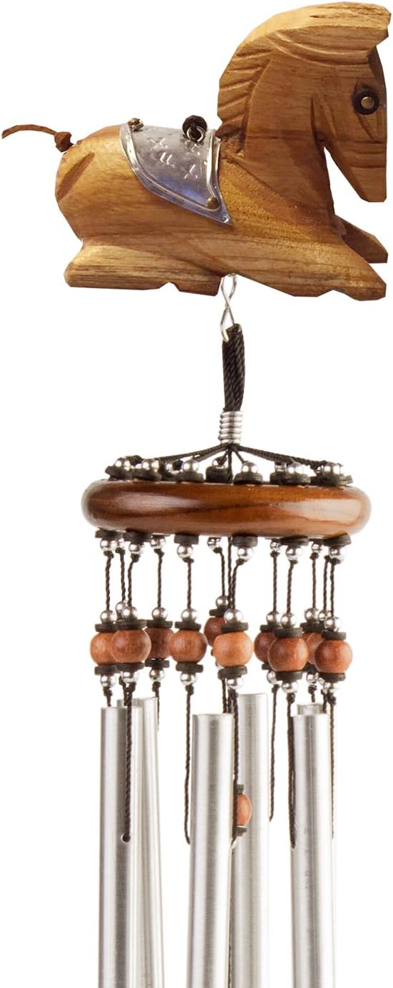 Lucky Talisman Wind Chimes Horse Feng Shui Teak Wood Carving Handmade Aluminum Metal Tubes Size Medium 3 x 21.6 Gift and Souvenir of Thailand for Your Terrace, Patio, Garden, and Outdoor Home Decor.