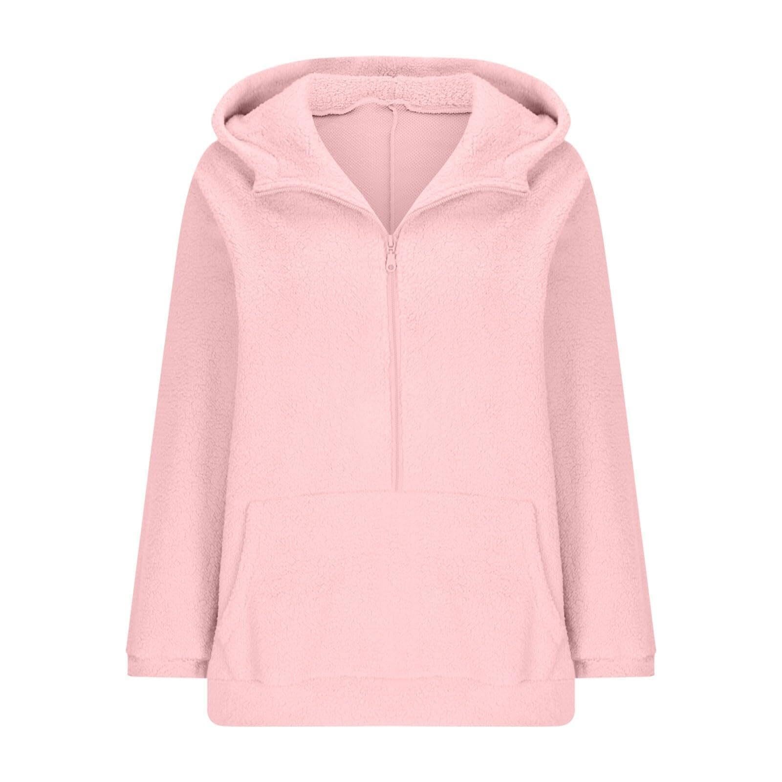 Sudadera con Capucha Suave y esponjosa Sherpa con Media Cremallera for Mujer, Chaqueta con Capucha de Forro Polar cálido de Manga Larga y Bolsillo Frontal(A01-Pink,S)
