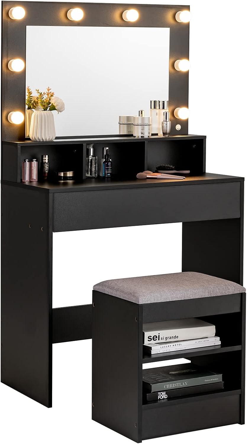 GOFLAME Vanity Table Set with Lighted Mirror, Makeup Dressing Desk with LED Lights, 1 Large Drawer, 3 Open Compartments and Cushioned Stool, Makeup Vanity Organizer for Bedroom, Dressing Room