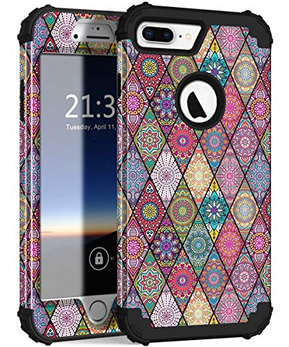 Hocase iPhone 8 Plus Case, iPhone 7 Plus Case, Heavy Duty Shockproof Protection Hard Plastic+Silicone Rubber Hybrid Protective Case for iPhone 7 Plus/iPhone 8 Plus - Mandala Flowers/Black
