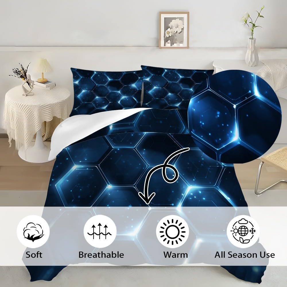 Zestawy poszewek na kołdrę dla nastolatków dorosłych Super King 259 x 221 cm plaster miodu geometryczny sztuka odporna na blaknięcie ciemnoniebieski 3-częściowy zestaw pościeli z mikrofibry odporny na