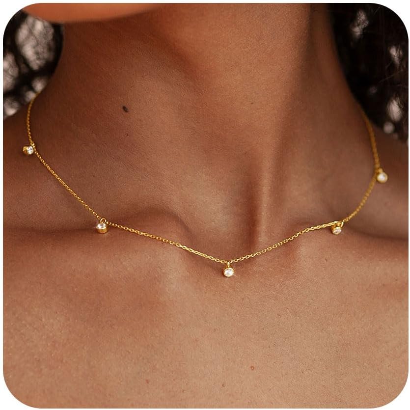FUNEIA Dainty Silver Gold Necklaces for Women Trendy Non Tarnish 14K Gold Plated Cubic Zirconia Necklace Layered Cute Butterfly Heart Station Choker Necklace Stack for Wedding Prom Brides Jewelry
