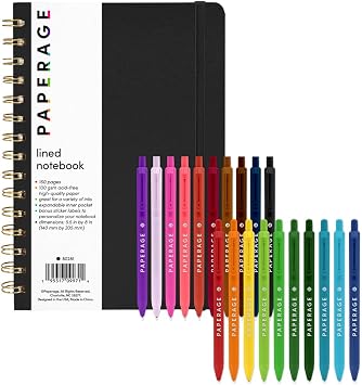 PAPERAGE Lined Spiral Journal Notebook, Black, 160 Pages, Hardcover Journal for Women & Men, Medium 5.5 in x 8 in - 100 GSM, Thick Paper, Spiral Notebook for Work or School & Gel Pens Bundle