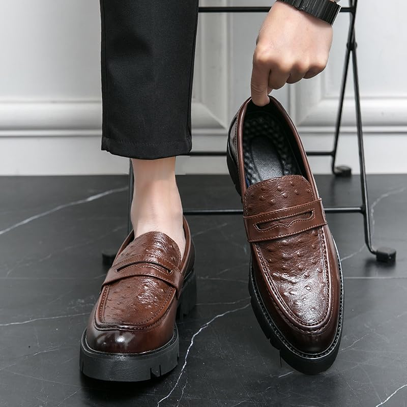 Santimon Men's Leather Platform Chunky Slip-On Penny Loafers Classic Round Toe Lug Sole Business Casual Formal Work Shoes2