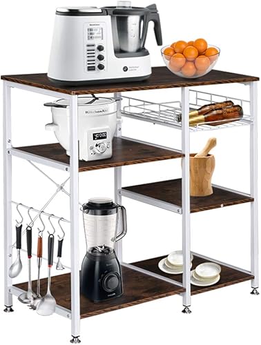 Miniatura 8 de Estante industrial para hornear de cocina con 10 ganchos y cesta de tirar, estante de almacenamiento para microondas, organizador de estación de