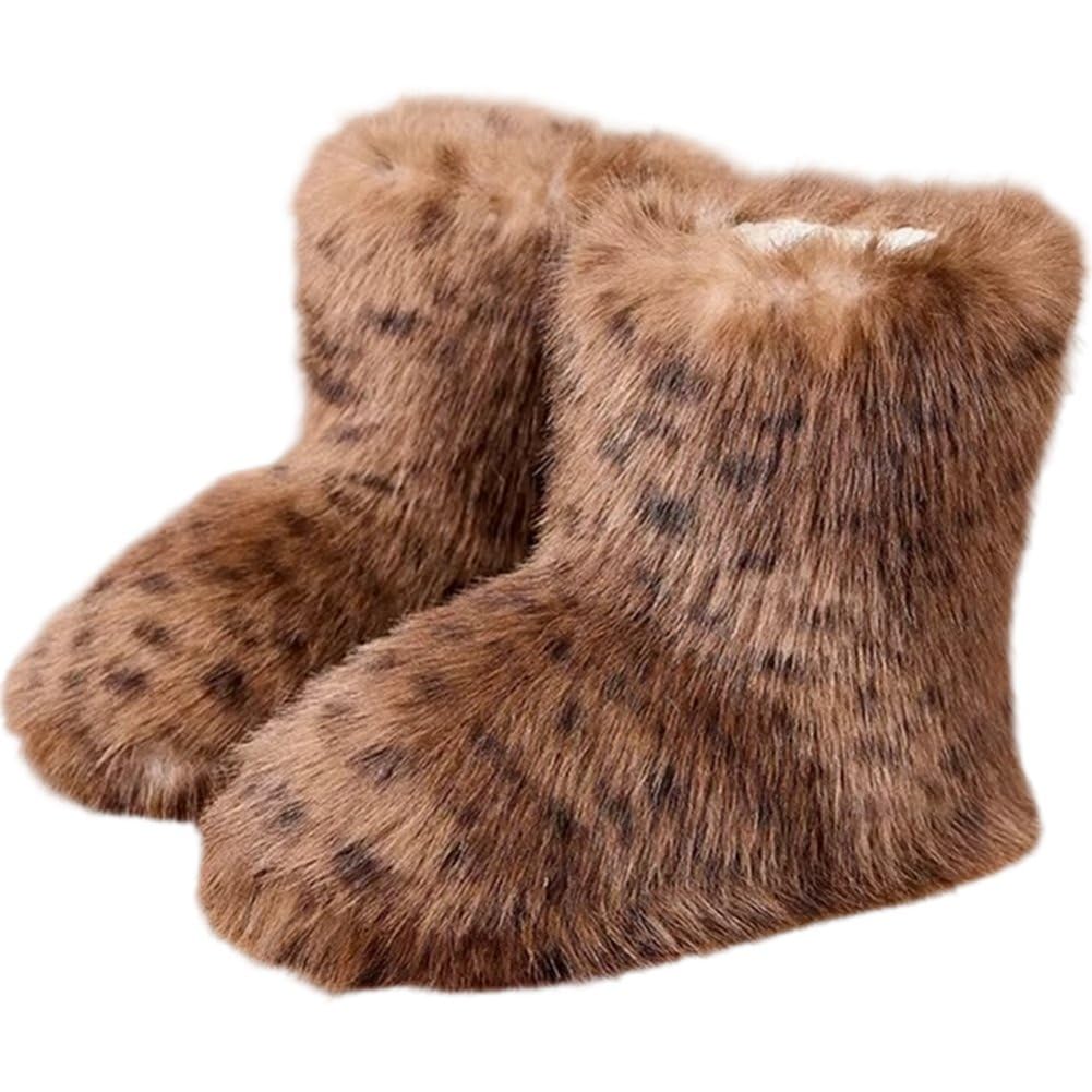 Baokuan Women's Boots Furry Fuzzy Fluffy Y2k Winter Snow Shoes Puffy Warm Short -calf Boots for Outdoor