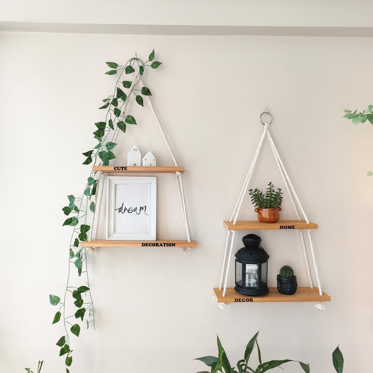 Boho Wall Shelves for Plants - Rope Hanging Shelves for Wall Decor in Living Room, Bedroom, Bathroom