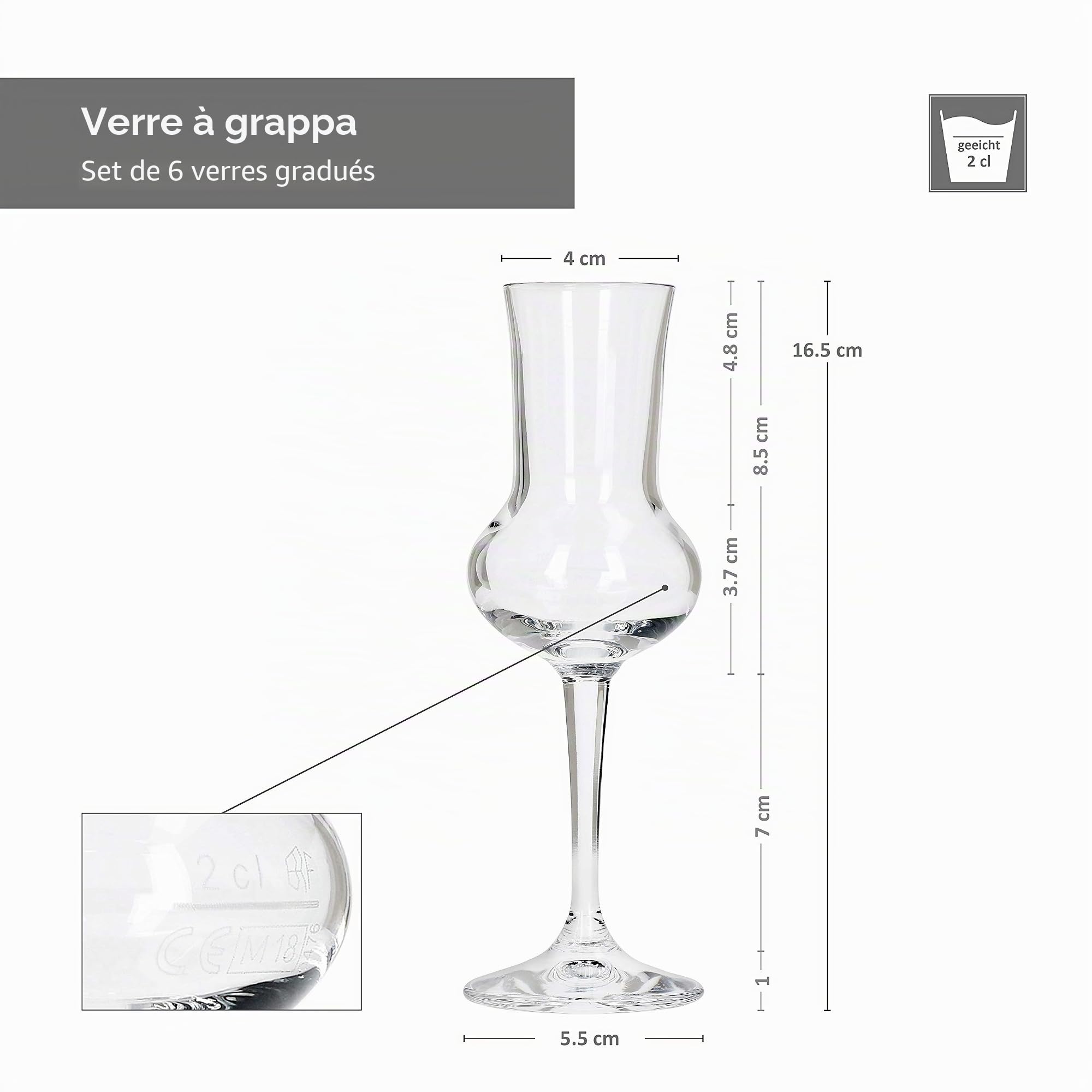 Bormioli Lot de 6 verres à grappa I Capacité 75 ml I Hauteur totale du verre 16,5 cm I Longueur du manche 5,8 cm I Verre à Grappa classique pour la célèbre boisson italienne