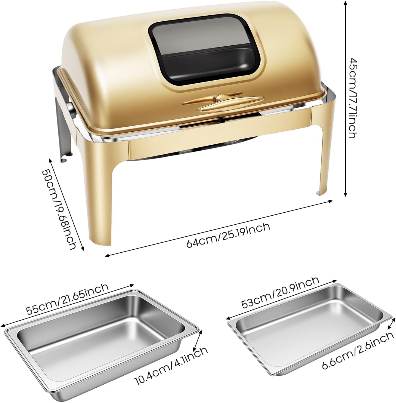 9.5QT Roll Top Chafing Dish Buffet Set, Stainless Steel Buffet Warmer Chafers with Clear Lid, Rectangle Catering Warmer Server for Restaurants, Family Gatherings, Dormitories