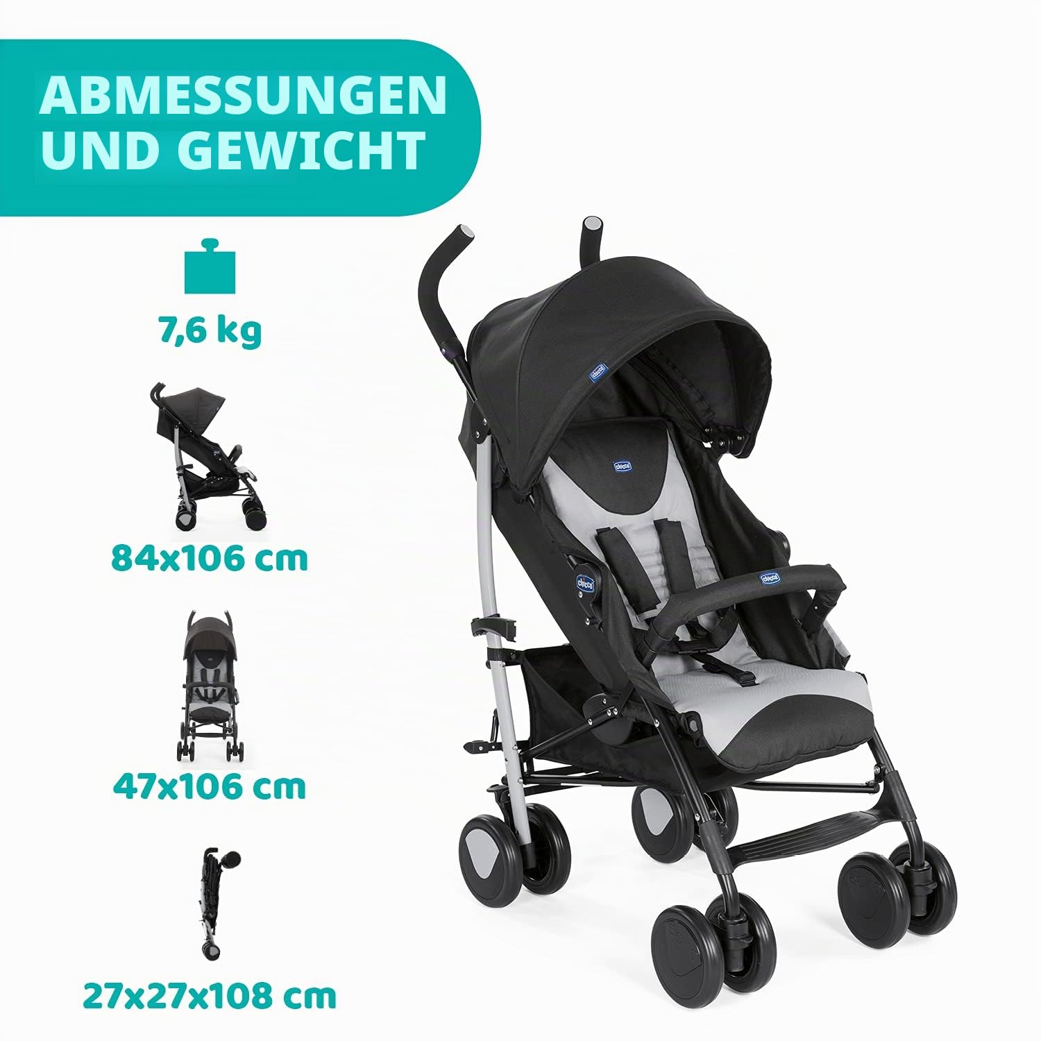 Chicco Echo Leichter Zusammenklappbarer Kinderwagen 0-22 kg Kompakter Buggy mit Frontbügel Schlafposition Regenschirmverschluss Verstellbarer Sonnenschirm