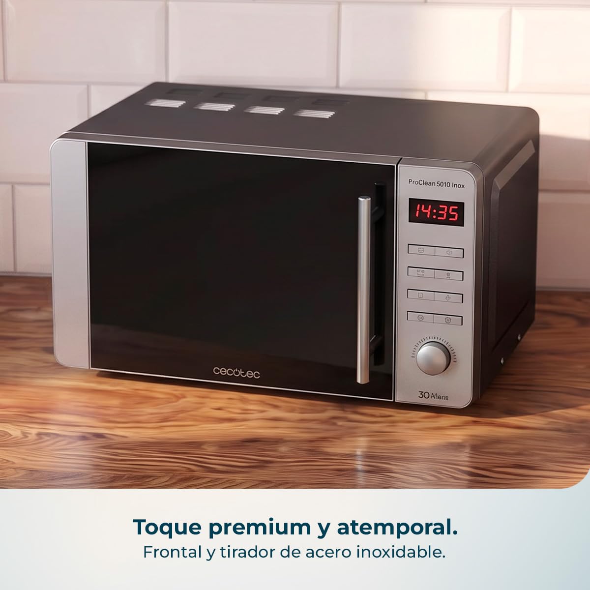Cecotec Microondas Proclean 5010 Inox Wave. 700 W, Capacidad de 20 L, Revestimiento Ready2Clean, 5 Niveles Funcionamiento, 8 Programas, Tecnología 3DWave, Temporizador, Diseño Frontal y Tirador Inox