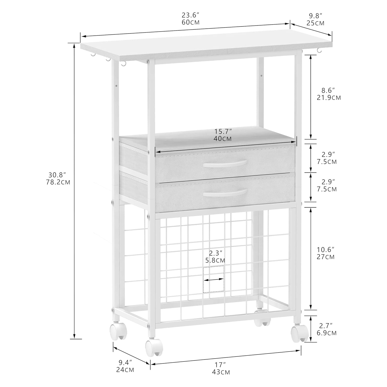 Trironsun Organisation und Aufbewahrung, Bastelwagen, kompatibel mit Cricut-Maschinen, Rollen-Organizer mit 24 Vinyl-Rollenhaltern und 2 Stoffschubladen, Bastelschrank für Bastelraum, Weiß