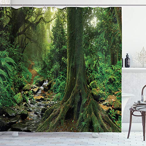 ABAKUHAUS Forest Shower Curtain, Rain Woodland Scenery River in the North Forest in the Early Morning Humid Fog Print