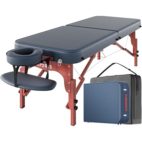 CLORIS 84" Professional Massage Table Portable Reinforced Wooden Leg Hold Up to 1100LBS 2 Folding Lightweight Spa Salon Tattoo Massage Bed Height Adjustable with Carrying Bag - Blue