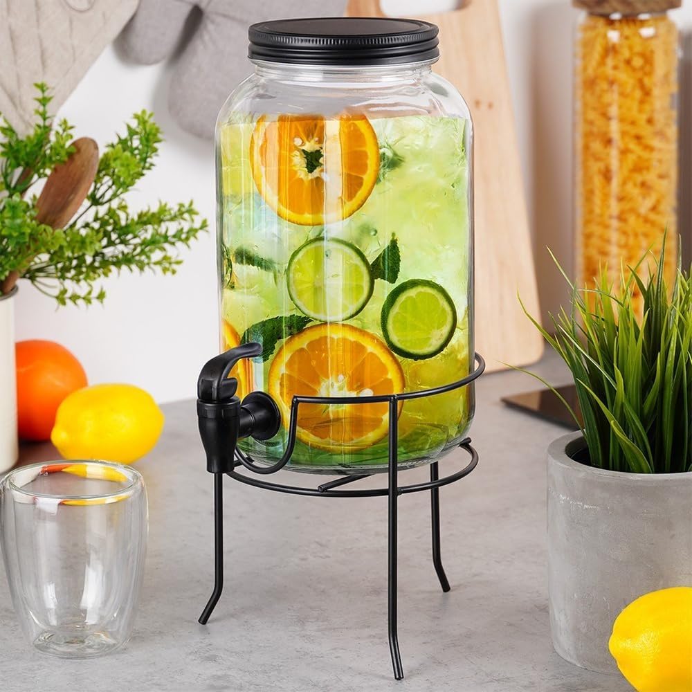 Dispenser di vetro con rubinetto e supporto nero per rubinetto, 3 l