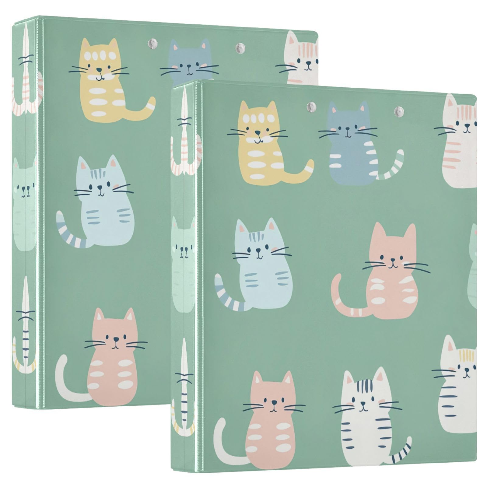 Raccoglitori ad anelli con 3 anelli, 3,8 cm, con simpatici gatti in stile cartone animato, rotondi, con clip in metallo, organizer per casa e ufficio, confezione da 2