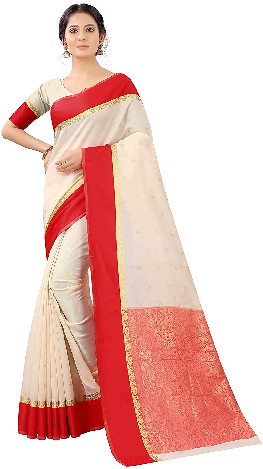 AS Aishwarya Sarees Women's Banarasi Silk Saree With Regular Fit Blouse Piece (Aishwarya_Sarees_Wk_441_White, Red)