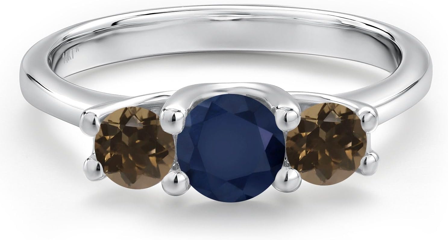 Gem Stone King 14K White Gold Blue Sapphire & Brown Smoky Quartz 3-Stone Engagement Ring | 1.12 Cttw | Round 5MM and 4MM | 3 Stone Wedding Anniversary Promise Ring For Women - Image 3