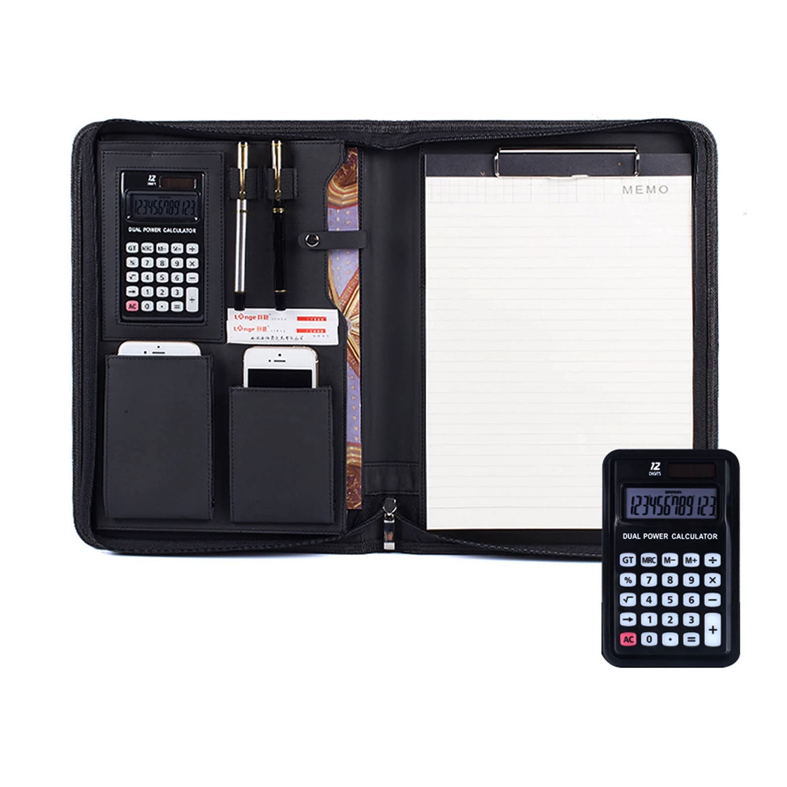 Raccoglitore di portfolio, Portadocumenti in pelle con cerniera A4, organizer for documenti con calcolatrice, blocco for presentazioni aziendali, blocco for appunti, for lavoro e scuola(Black)