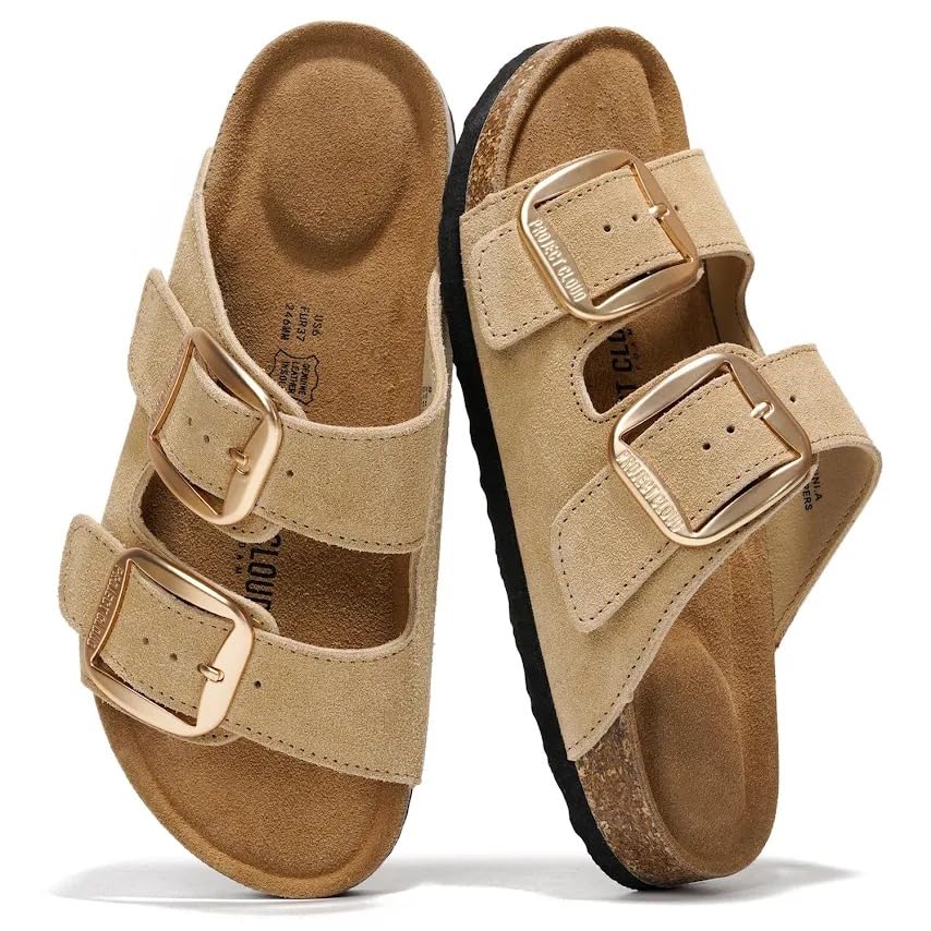 Project Cloud 100% Genuine Leather Flat Sandals for Women 2026 Comfortable Beach Essentials Womens Sandals Memory Foam Vacation Essentials Slides for Women Footwear (Santorini, CML,9)