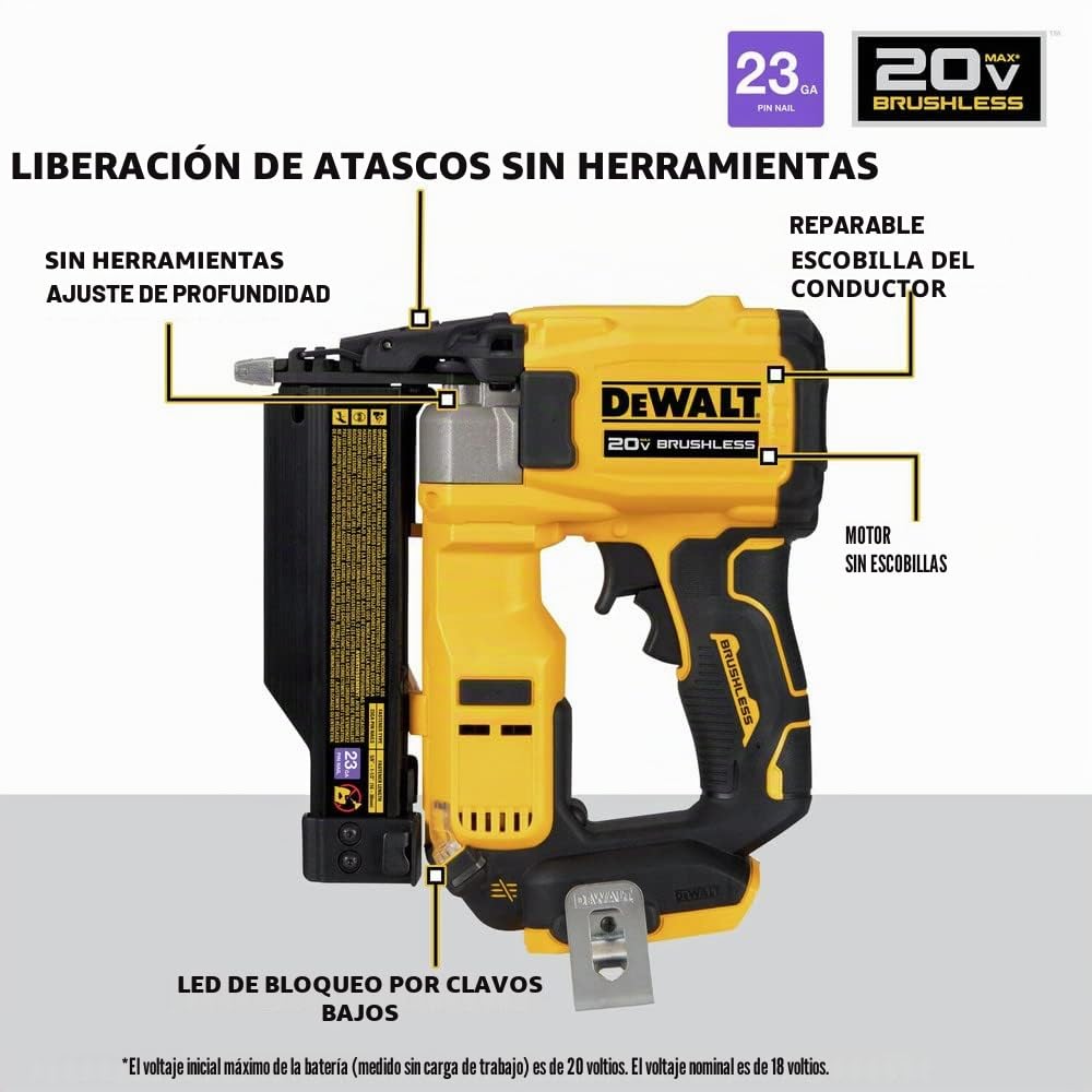DEWALT Atomic Compact Series 20V MAX* - Clavadora inalámbrica sin escobillas de 23 gas (solo herramienta) (DCN623B)