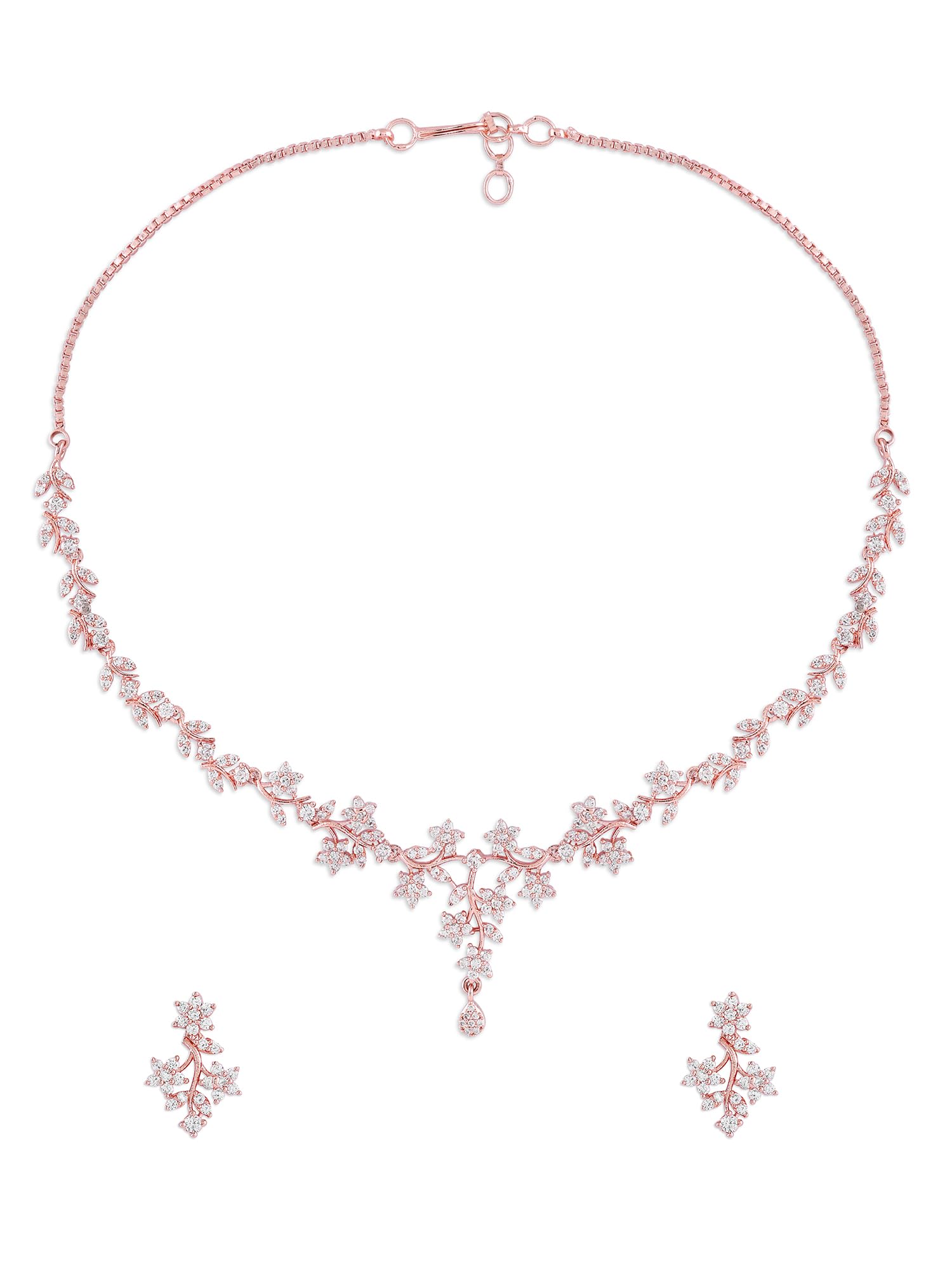 Rose Gold Dazzling Cubic Zirconia Floral Brass Necklace & Earring Set For Women-ZPFK16480