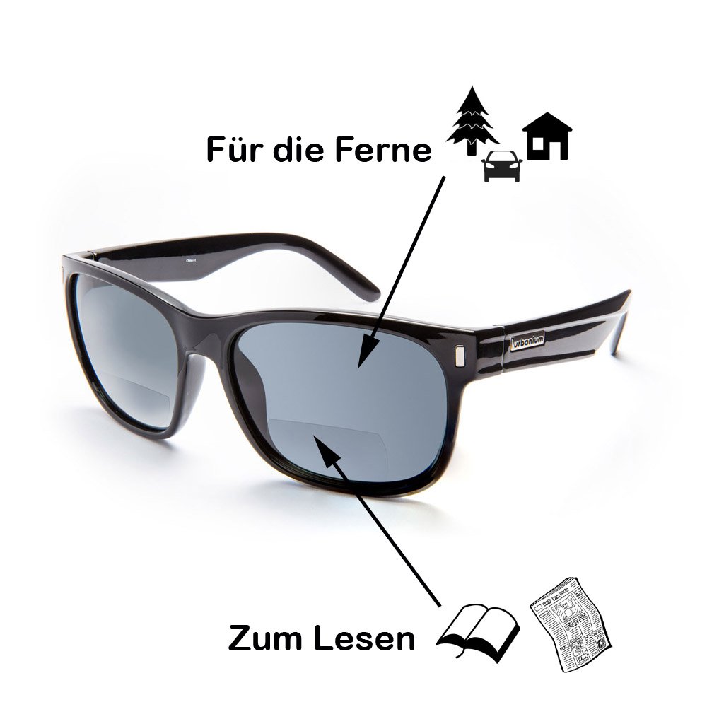 Urbanium Eyewear Modell New York - klassische Sonnenbrille in schwarz - polarisierend mit unauffälligen Lesefenster im unteren Bereich der Gläser in verschiedenen Stärken