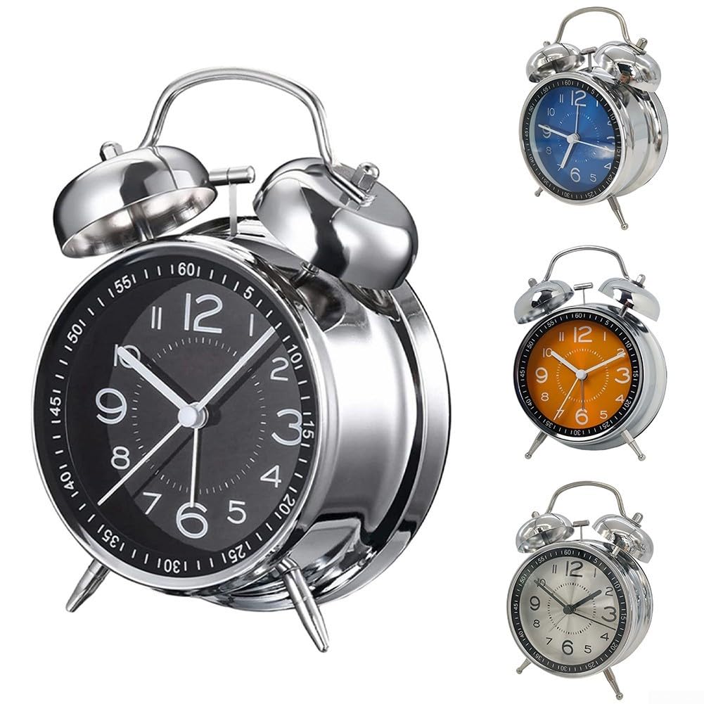 Réveil à Double Cloche Vintage En Métal Silencieux - Analogique Avec Veilleuse, Bleu