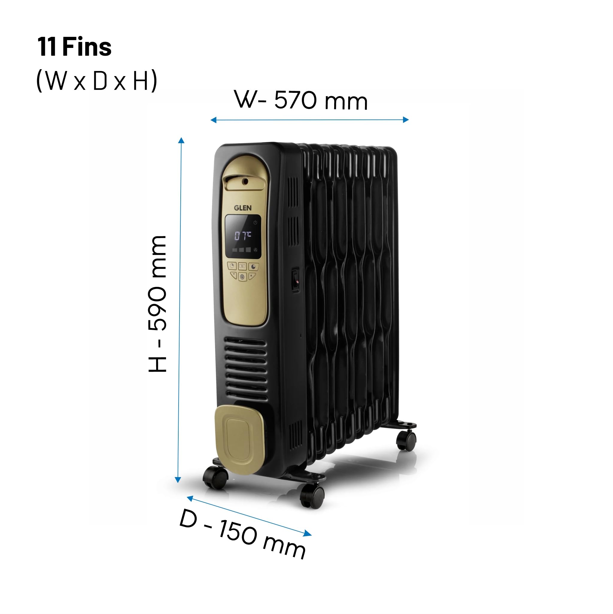 Glen Electric Oil Filled Radiator Room Heater With 11 Fin 2500 Watt with  400W PTC Fan, Digital Display, ISI certified (HA 7013DOR9) Years Warranty
