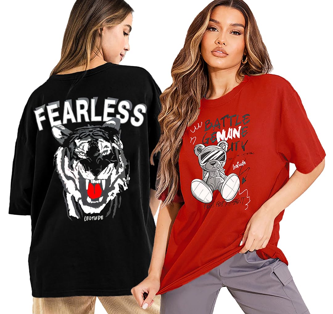 leotude Women's Cotton Round Neck Oversized Half Sleeve T-Shirt Combo (Pack of 2)-picture-24