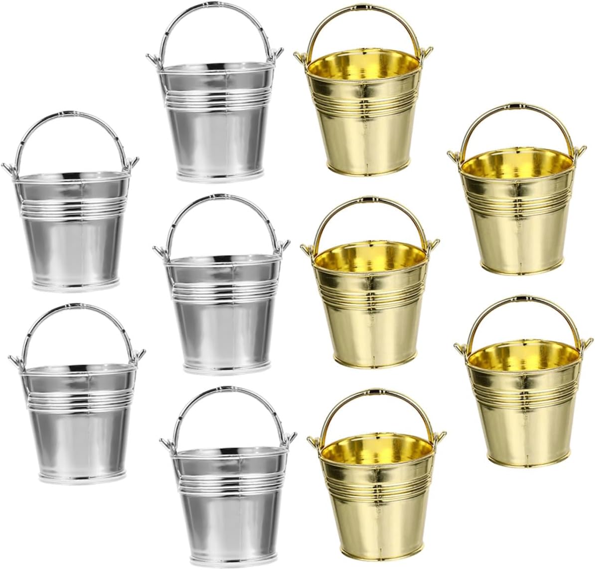 Ipetboom 10pcs Plastic Snack Buckets with Handle, Mini Candy Storage Containers in Gold and Silver, Party Favor Buckets for Halloween and Event Treat Organization