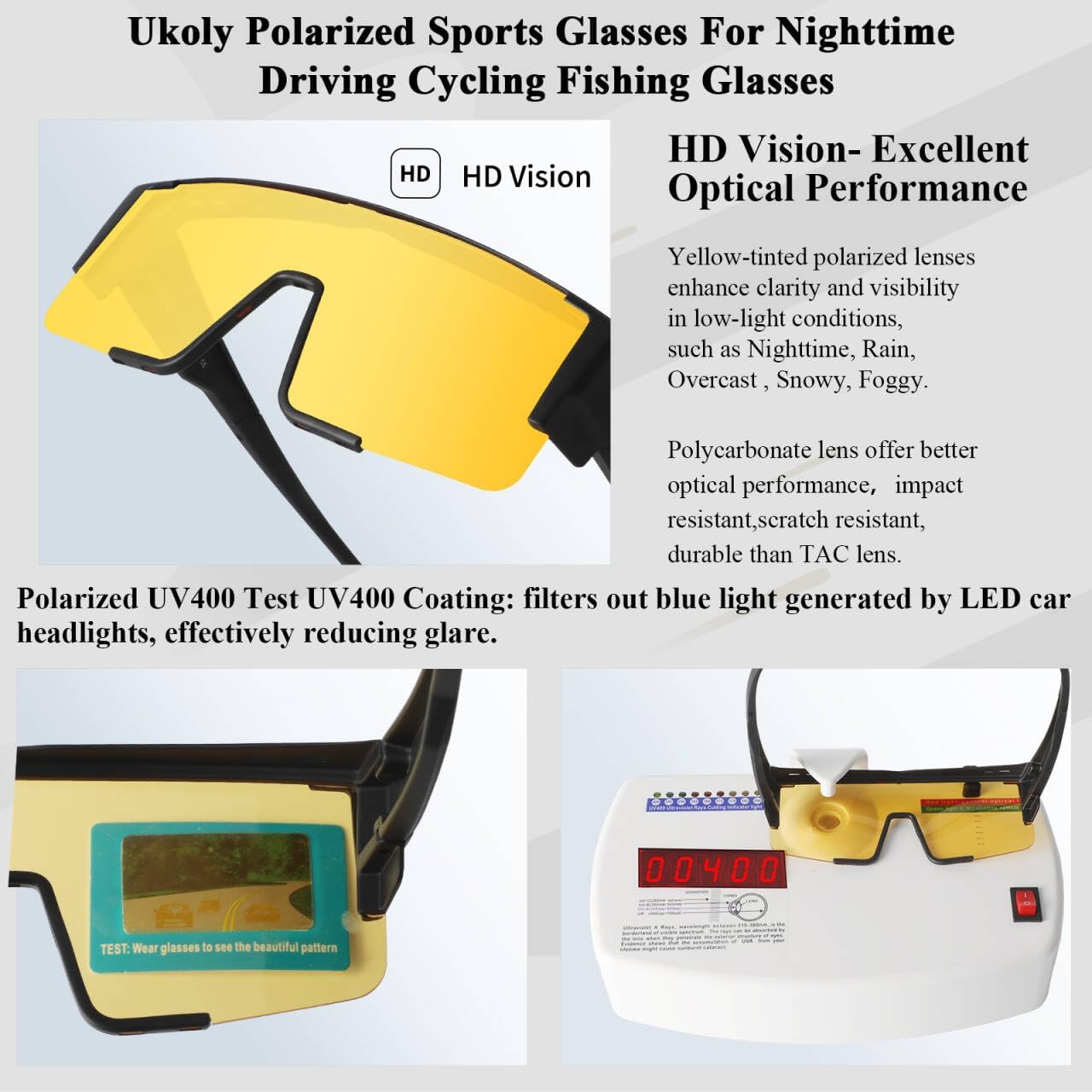 Ukoly Polarized Night Driving/Cycling Glasses For Men Women,Sport Night Vision Glasses Anti Glare HD Lens UV400 Coating