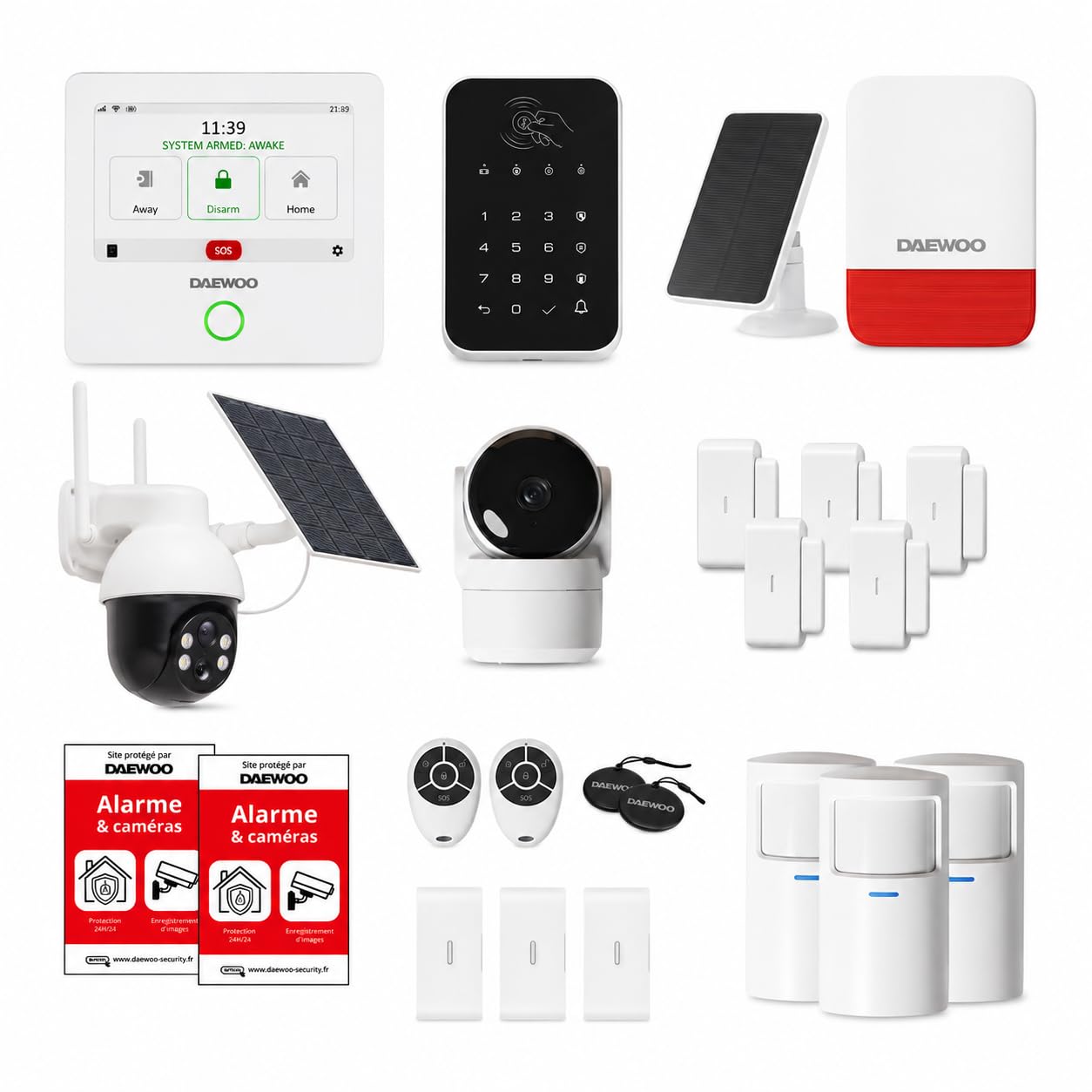 Daewoo Security - Sistema de alarma para casa AM343 - Central WiFi, cámara solar giratoria + interior, teclado RFID, 5 sensores 2 en 1, sirena solar 110dB, sin suscripción, Alexa & Google Home